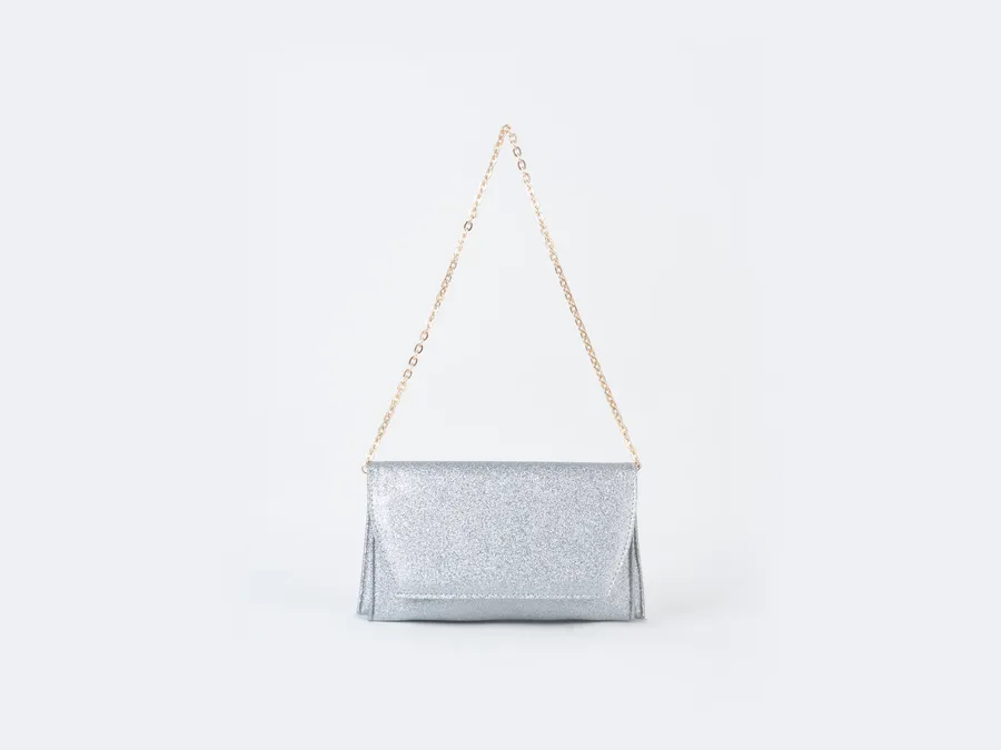 Kadın Gümüş Simli Zarf Tasarım 2 Bölmeli Mini Zincir Askılı Çıt Çıt Kapama Clutch Ve El Çantası