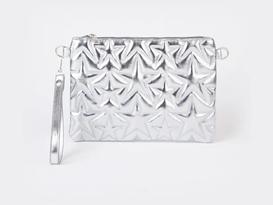 Kadın Gümüş Yıldız Nakışlı Rugan Deri Bilek Ve Zincir Askılı Portföy El Ve Clutch Çanta