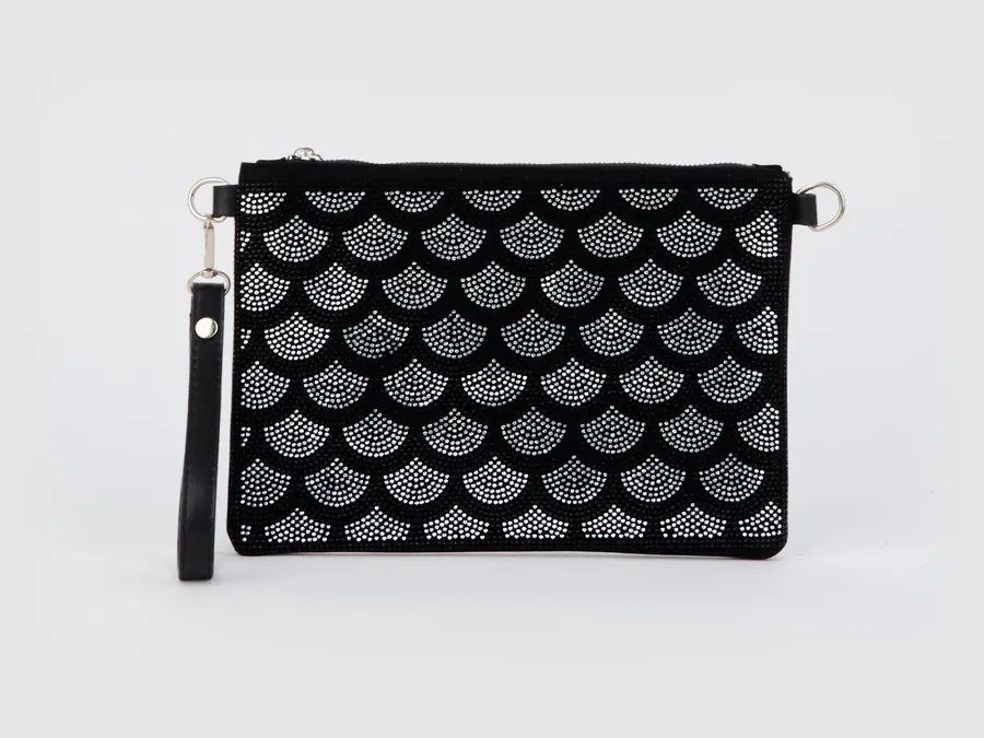 Kadın Halka Gümüş Taşlı Süet Bilek Askılı Ve Zincir Askılı Portföy El Ve Clutch Çanta